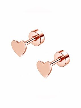 Rose Gold Heart Flat Back Stud Earrings Stainless Steel Cartilage Earrings